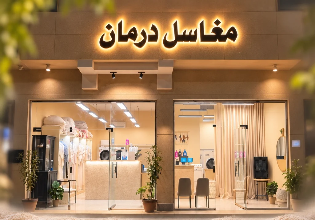واجهة مغاسل درمان بإضاءتها الدافئة ولافتتها المضيئة